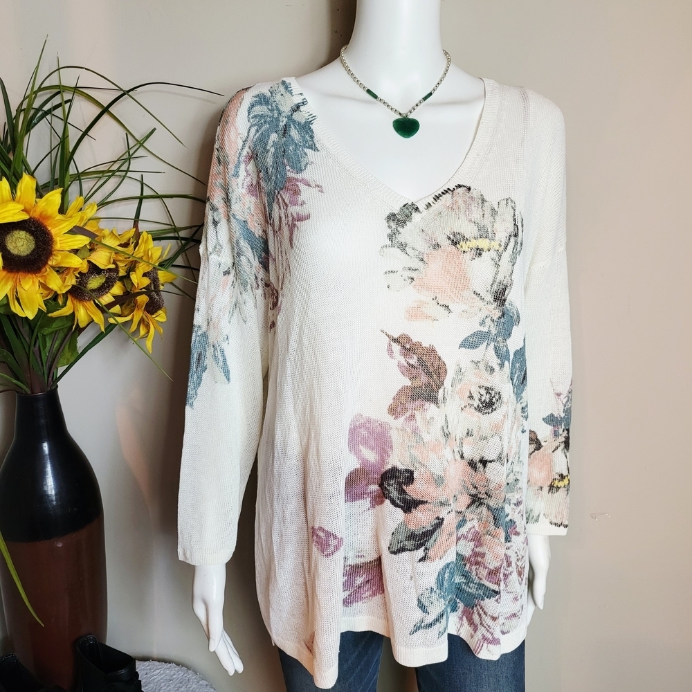 J. Jill Linen Floral Tunic Top Boho Cottagecore V Neck Oversized L - Picture 4 of 6